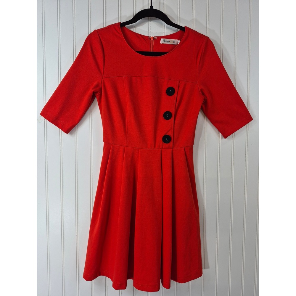 NWT Sunny Girl Red Fit & Flare Pleated Mini Dress Elbow Sleeve Button Accent M